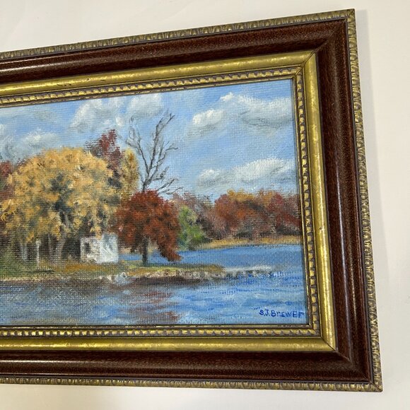 Vintage Framed Landscape Oil Painting Autumn Lake Scene Country Houses Singed - Picture 2 of 13